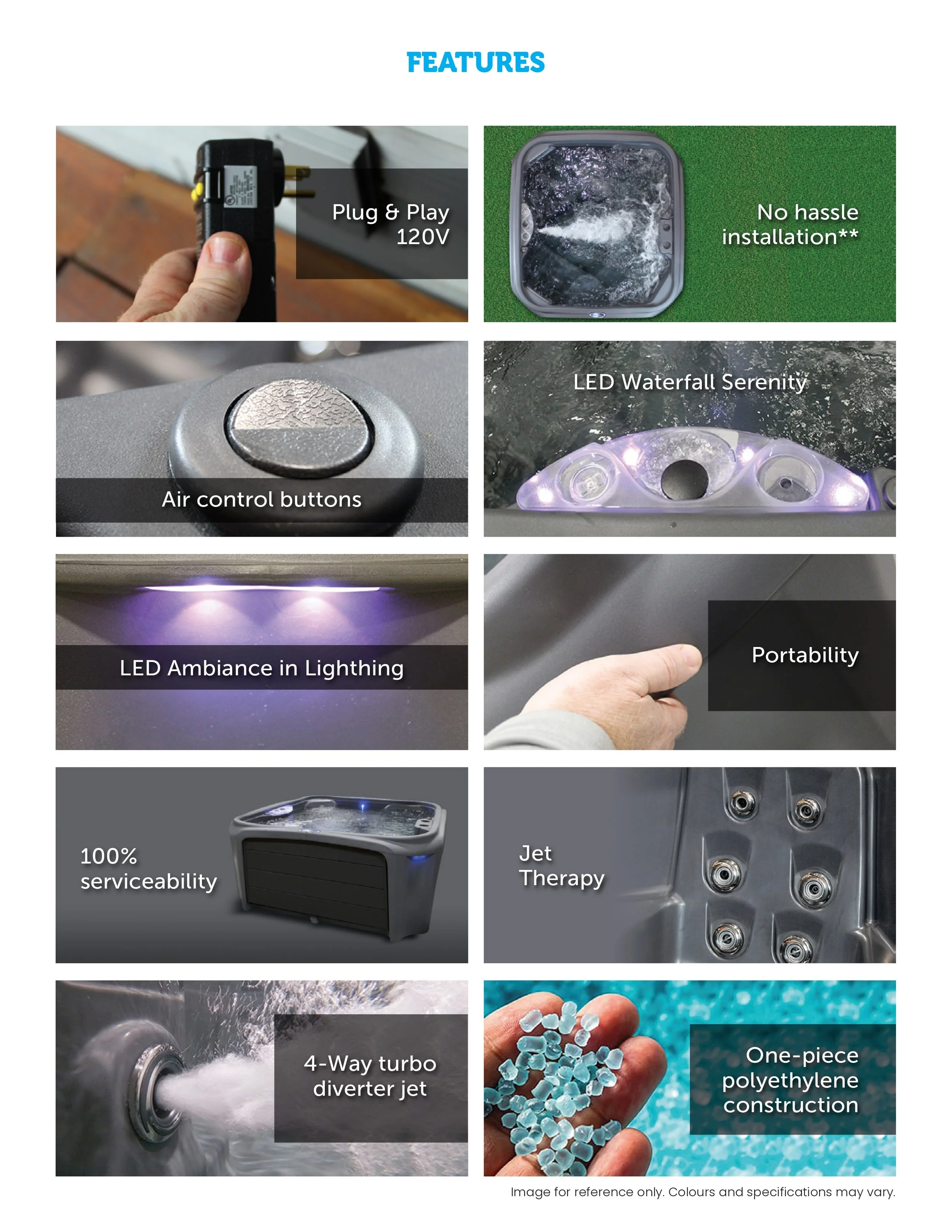 Features of a hot tub include plug and play 120V, no hassle installation, air control buttons, LED waterfall serenity, LED ambiance in lighting, portability, 100% serviceability, jet therapy, 4-way turbo diverter jet, and one-piece polyethylene construction.