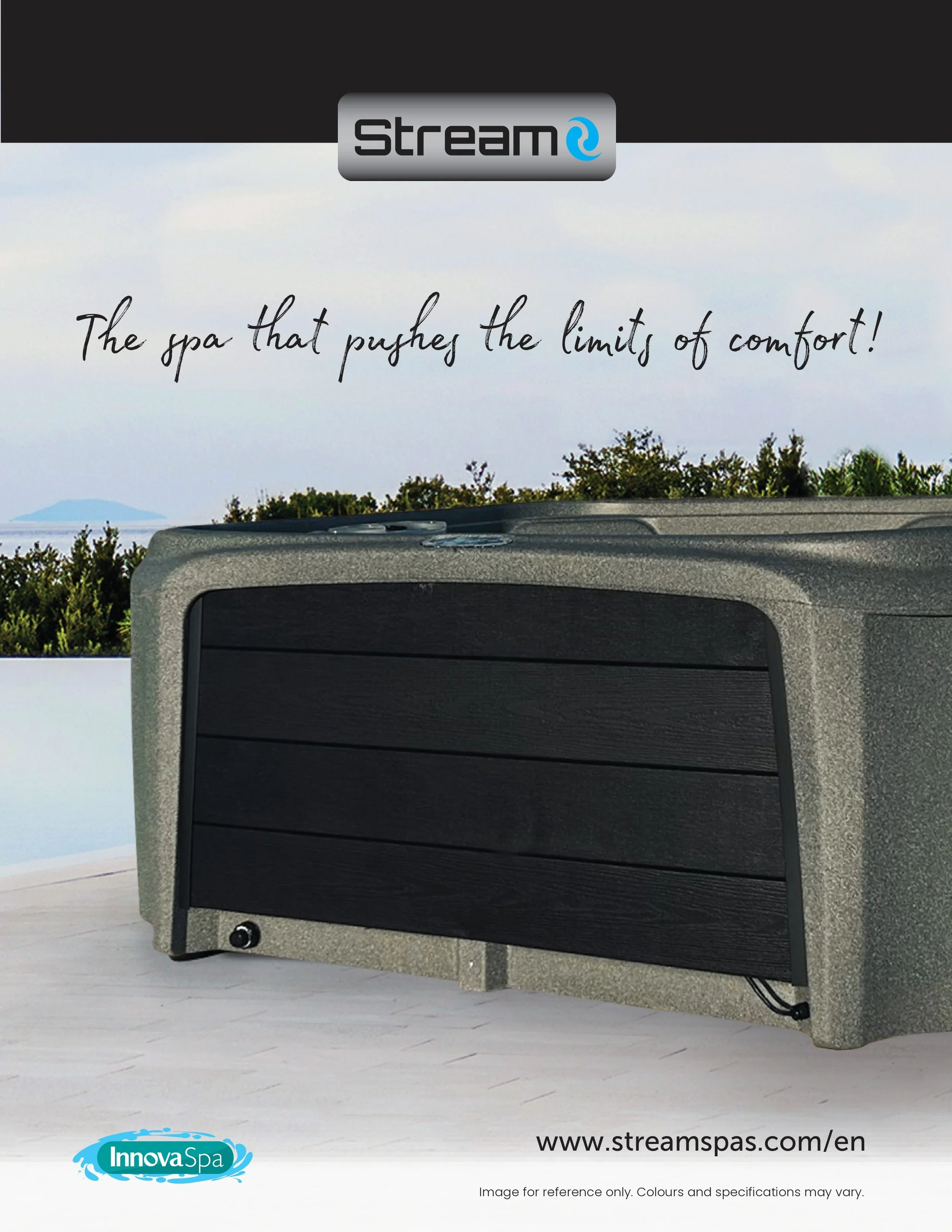 Spa hot tub with black panels outdoors, surrounded by greenery and blue sky, with a promotional message for Stream spa and InnovaSpa.
