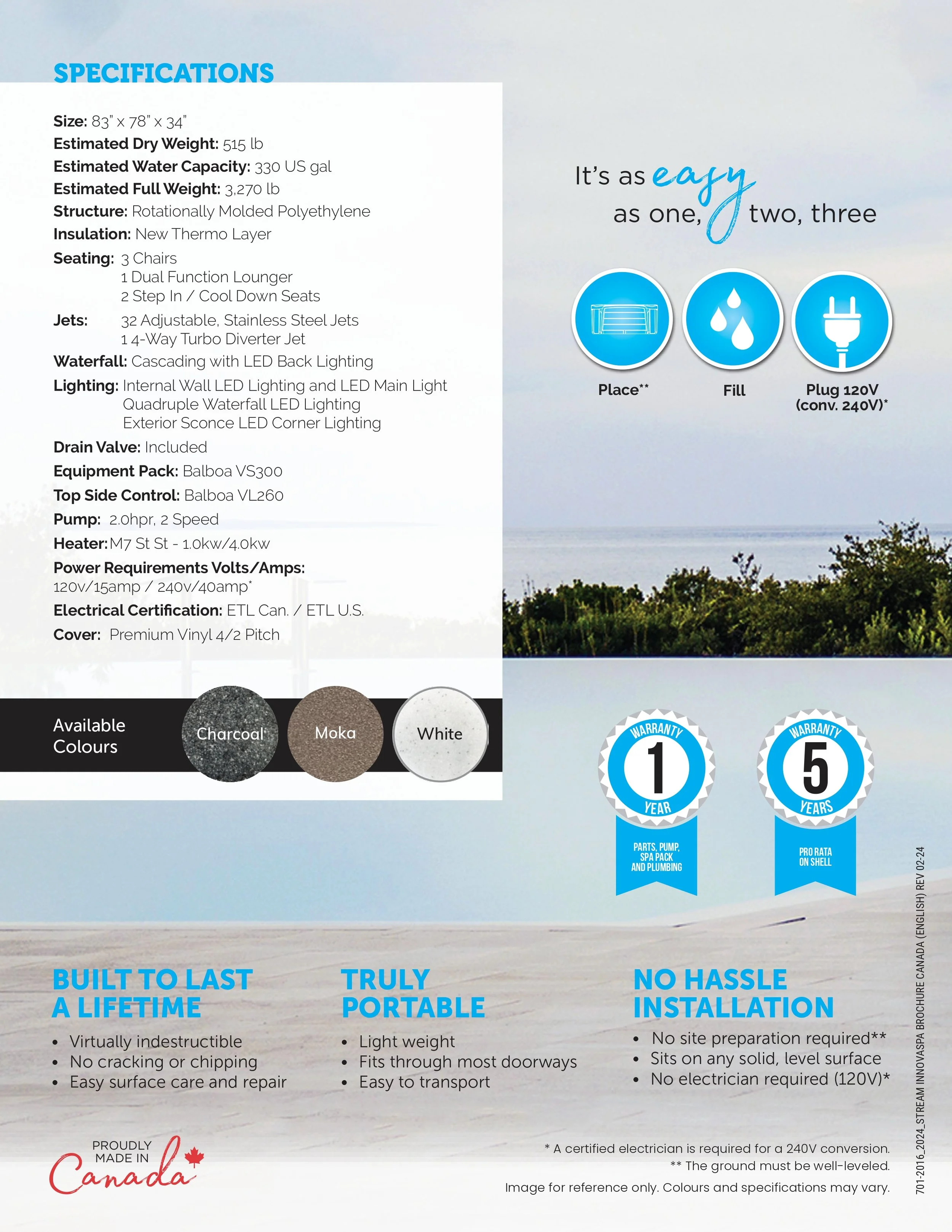 A product information sheet for an outdoor waterfall with specifications, features, warranty details, and color options, featuring icons for placement, filling, and plugging.