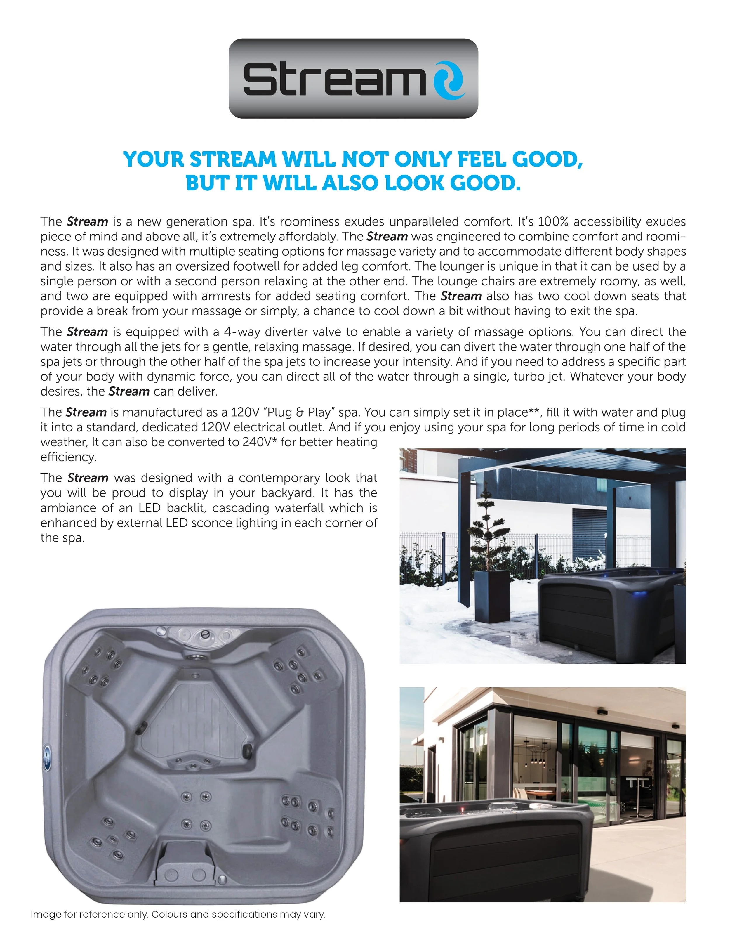 Brochure for the Stream spa featuring an interior view of the hot tub with jets and seating, an outdoor setting with a hot tub under a pergola, and a modern spa installation with a glass house in the background.