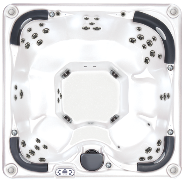 Top view of a white outdoor hot tub with black headrests and multiple jets.