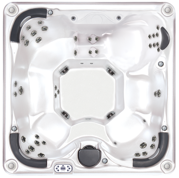 A top view of a white hot tub with jets arranged around the interior and a control panel on the edge.