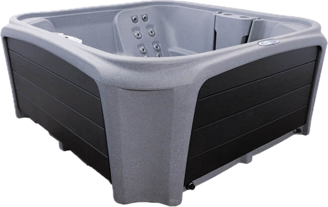 Square outdoor hot tub with jets and black paneling, gray interior and surround.
