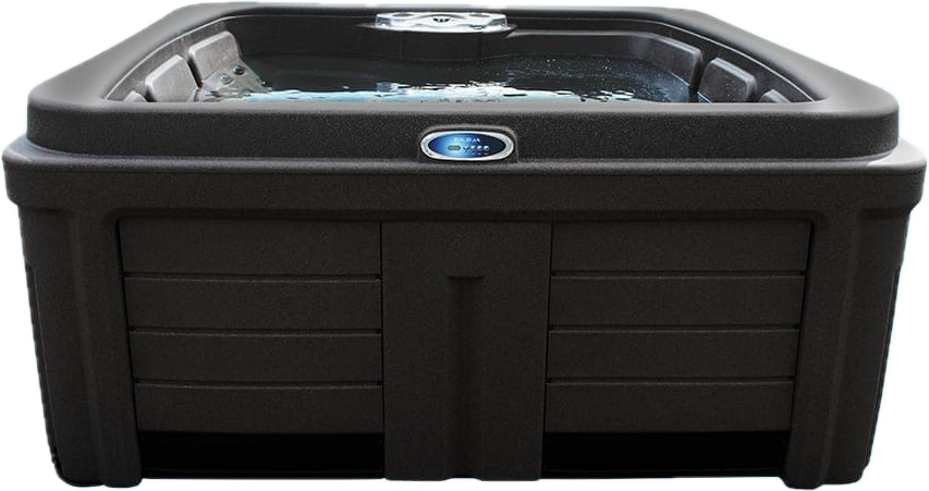 A black hot tub with blue control panel on the front, filled with water, positioned on a plain background.