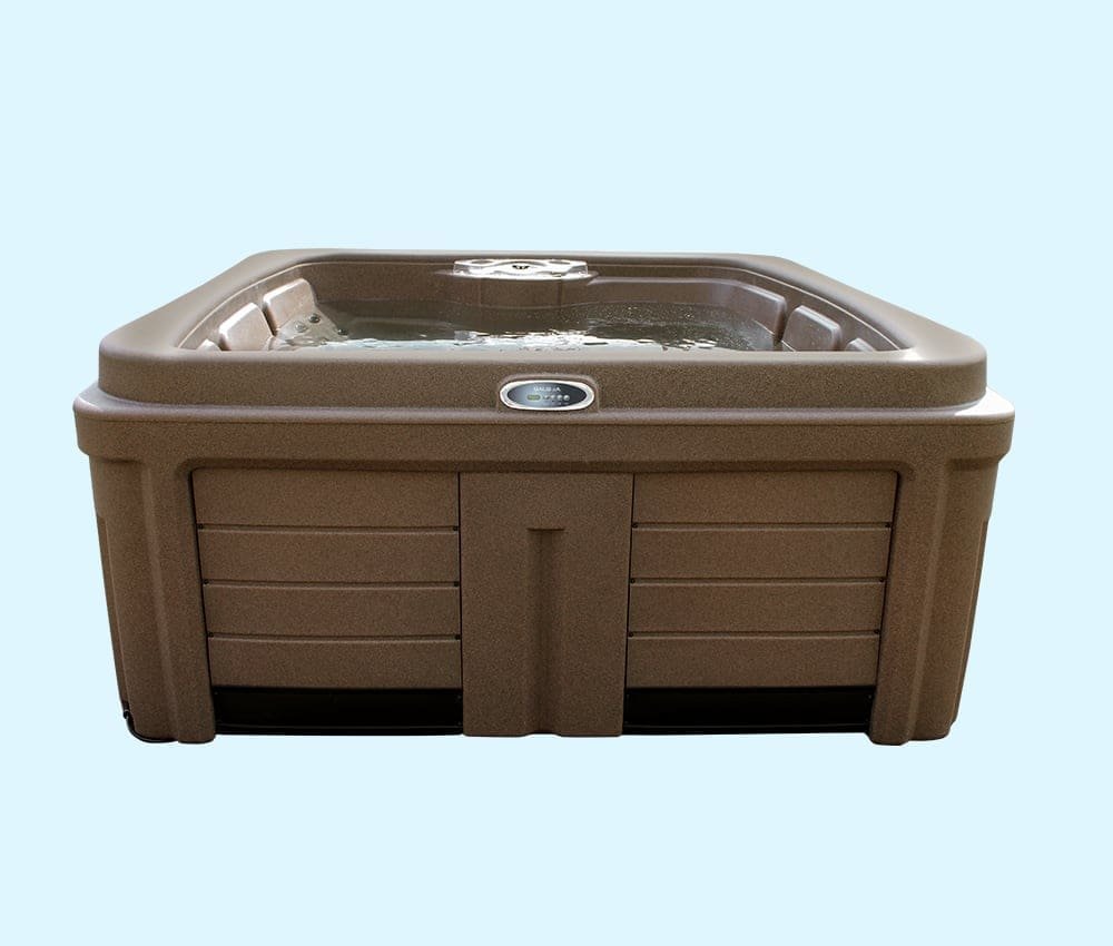 A brown hot tub with water inside and an electronic control panel, against a light blue background.