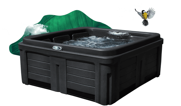 A black hot tub with water inside, surrounded by artistic green and black abstract shapes, with a small cartoon bird near the top right corner.