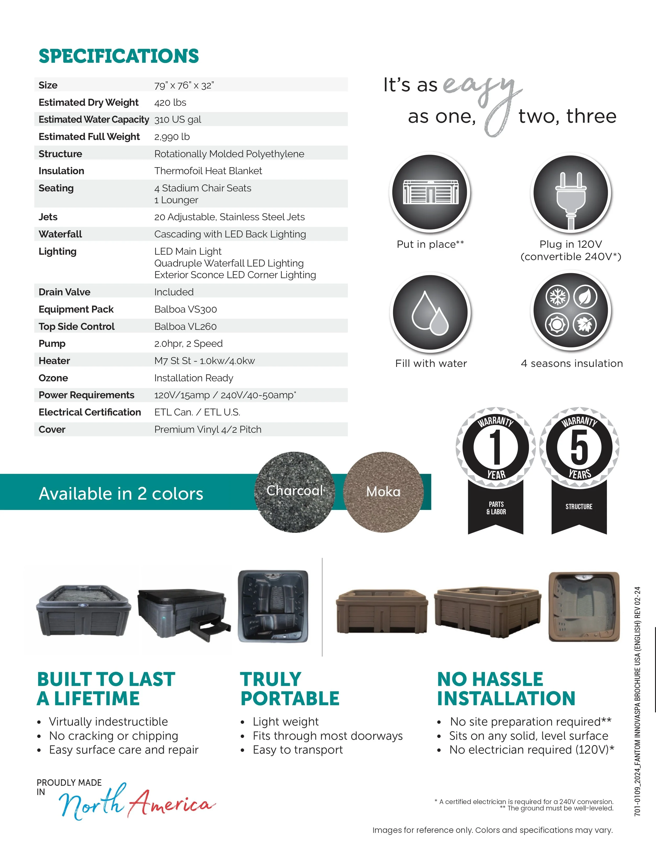 Product specifications sheet for a hot tub or spa, including features, sizes, capacities, options, and available colors in charcoal and mocha, with images of different product models.