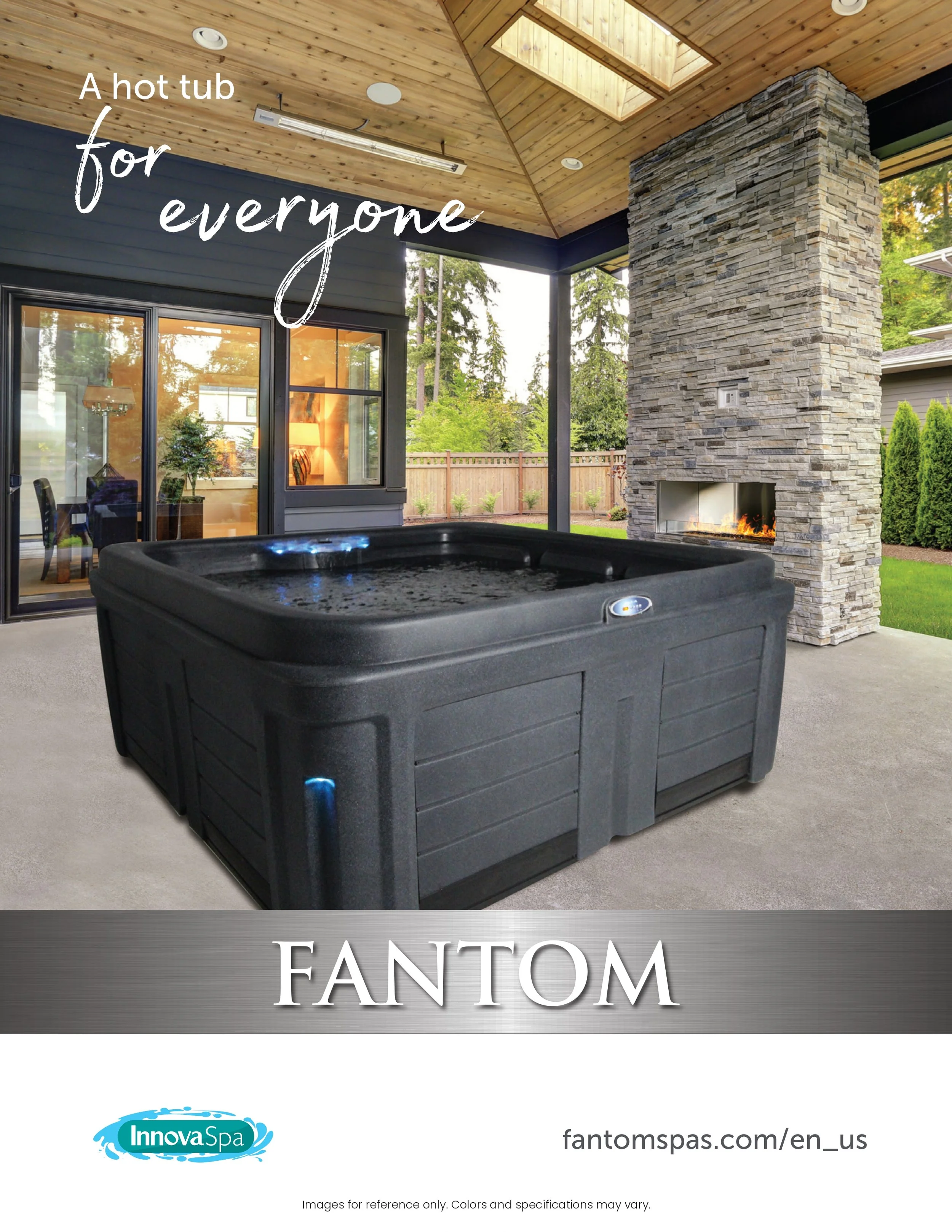 An outdoor patio featuring a black hot tub, a stone fireplace, and a wooden ceiling with skylights, surrounded by greenery.