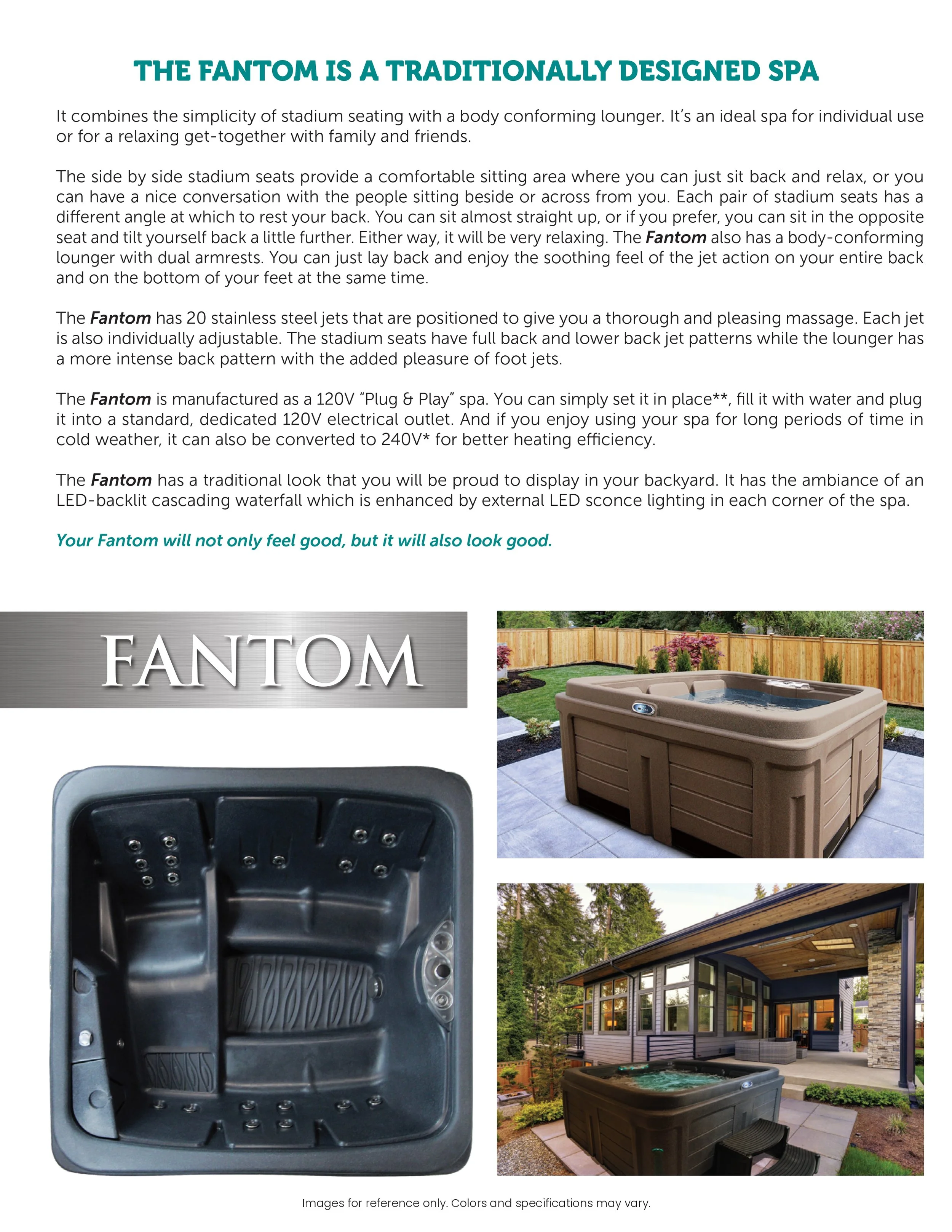 A document describing the design and features of the Fantom spa, including images showing the spa's interior and exterior, both alone and in a backyard setting.