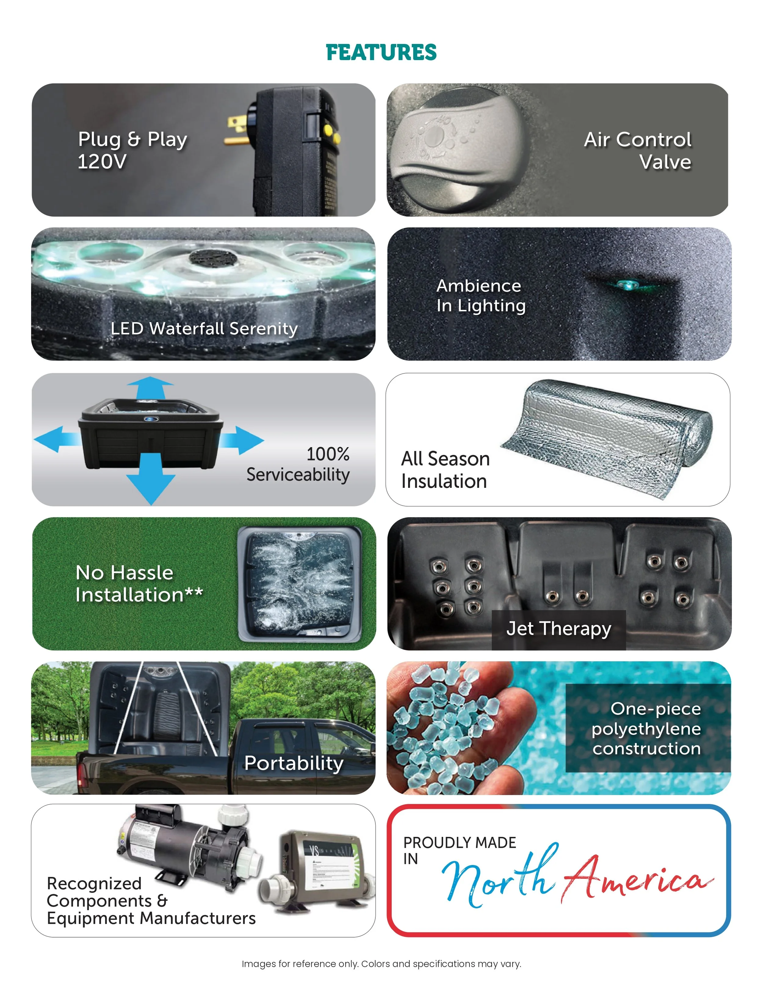 Features of a hot tub or spa including plug and play 120V, air control valve, LED waterfall serenity, ambiance lighting, all season insulation, no hassle installation, jet therapy, portability, recognized components and equipment manufacturers, and made in North America.