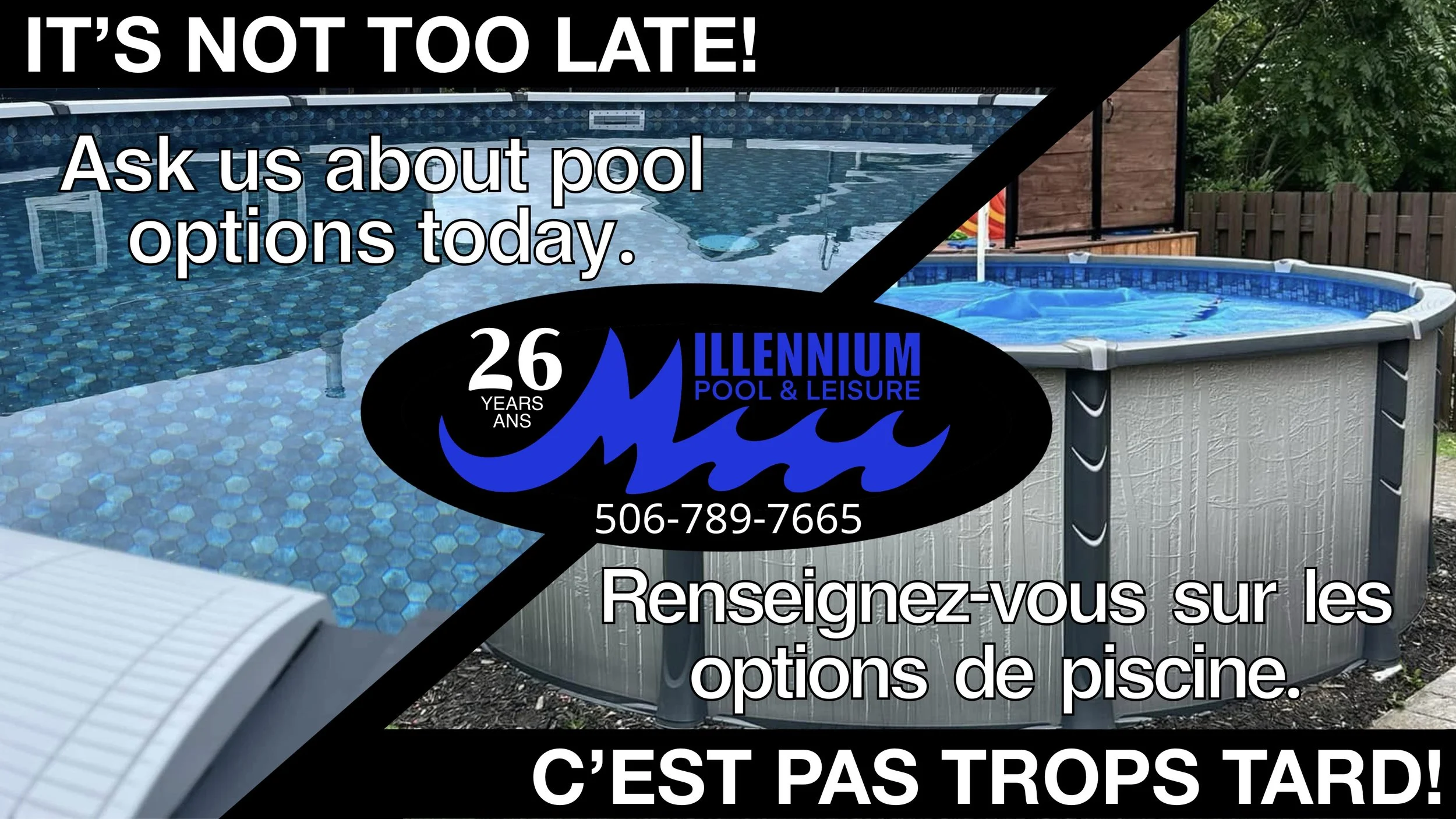 Collage of various swimming pools and pool area setups with overlaid text in English and French promoting 2026 pool project and payment plans, featuring images of above-ground pools, garden pools, and a backyard pool with a wooden deck.