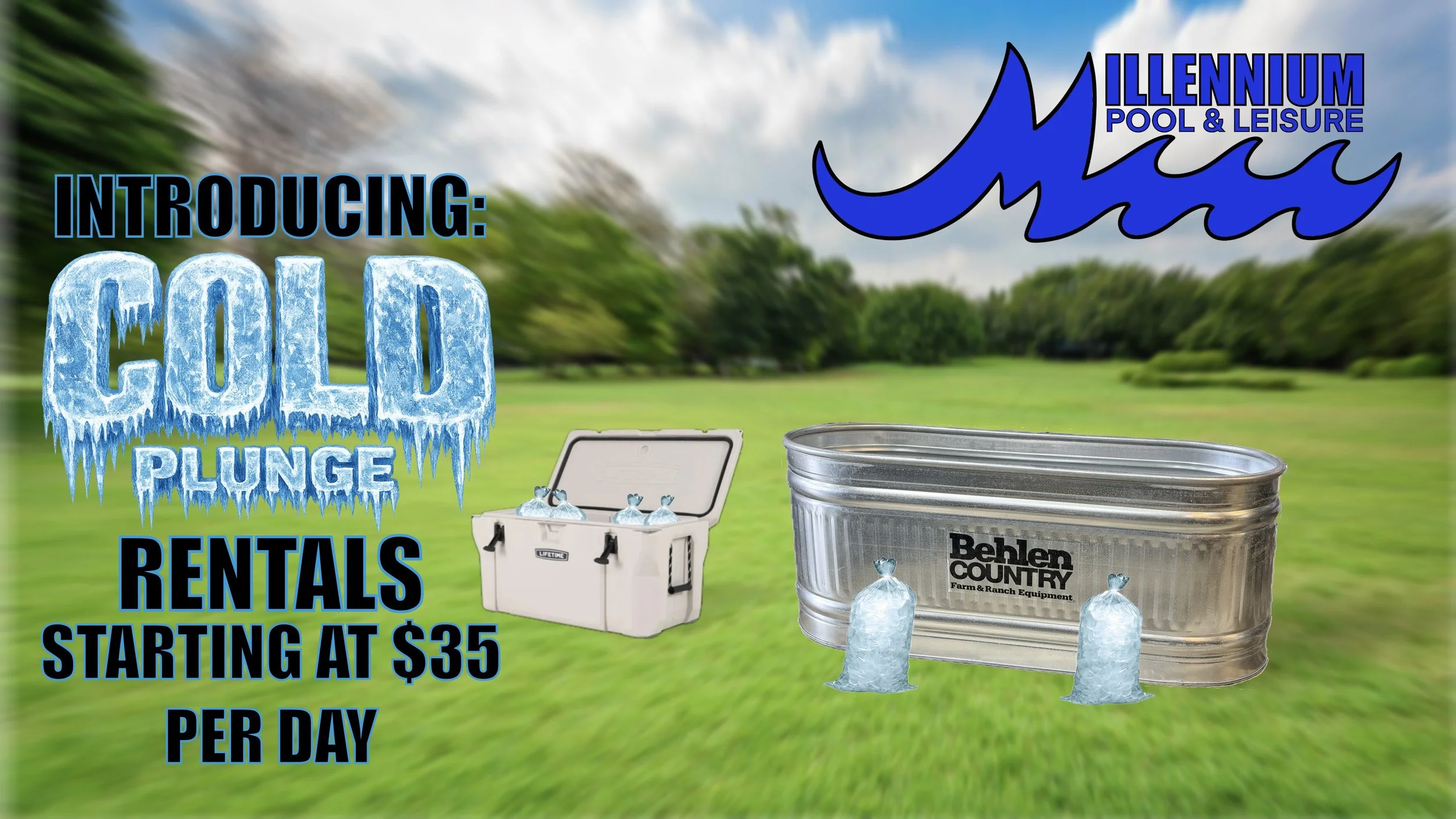Online advertisement for cold plunge rentals at Millennium Pool & Leisure, featuring a metal hot tub and ice bags on a grassy field with children's ice packs and a cooler, with promotional text about rentals starting at $35 per day.