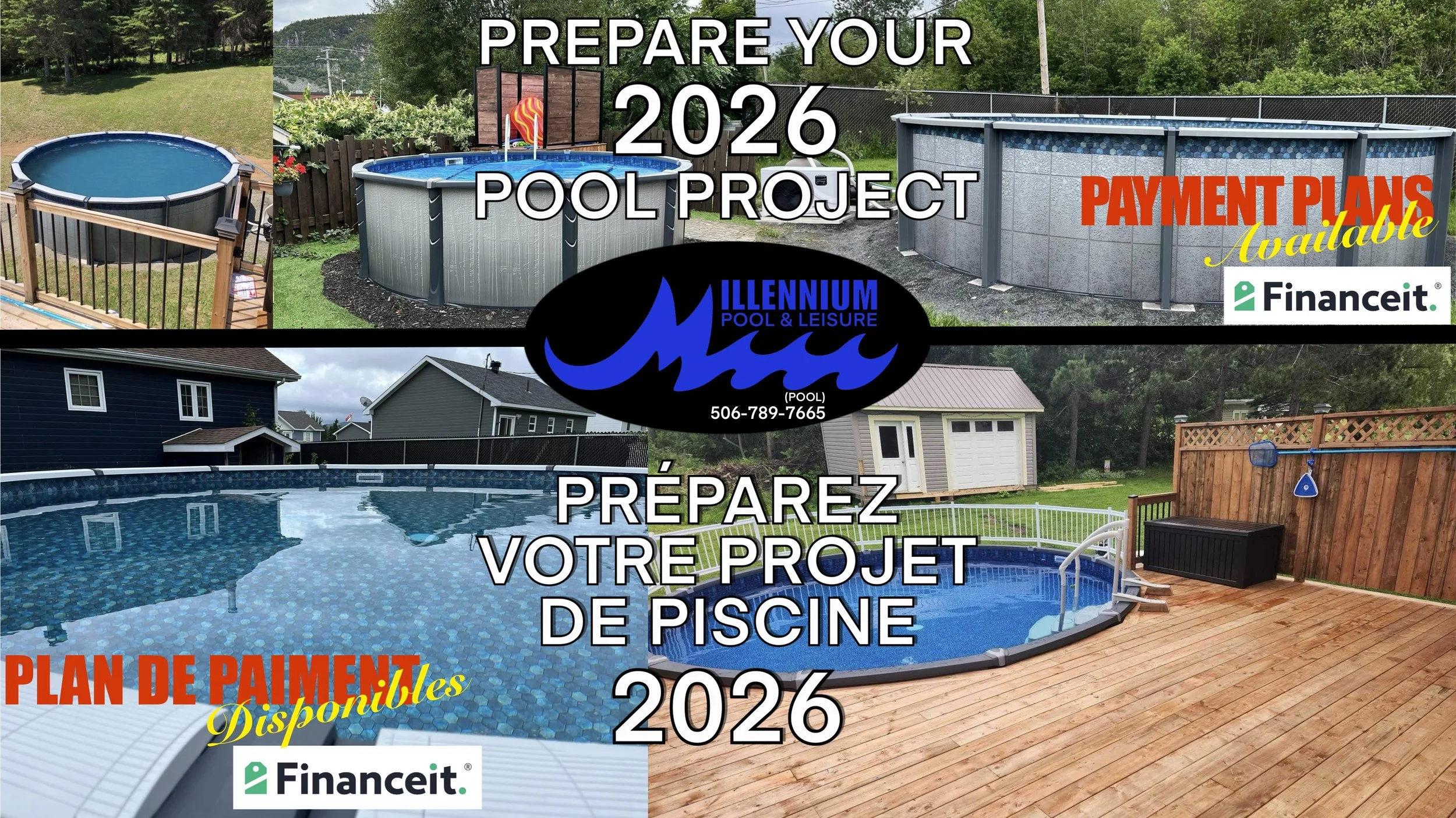 Collage of various swimming pools and pool area setups with overlaid text in English and French promoting 2026 pool project and payment plans, featuring images of above-ground pools, garden pools, and a backyard pool with a wooden deck.