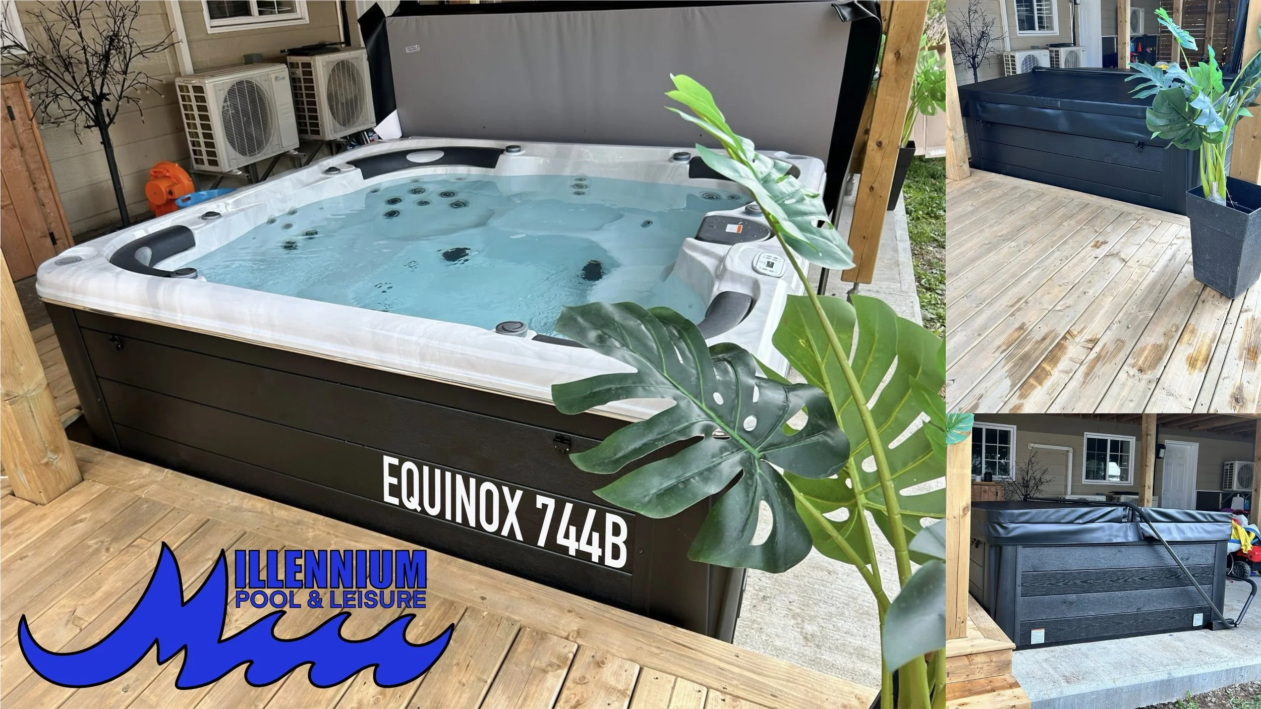 Images of outdoor hot tubs on a wooden deck, including a hot tub labeled 'EQUINOX 744B', a black hot tub, and another smaller black hot tub, surrounded by plants and outdoor furniture.