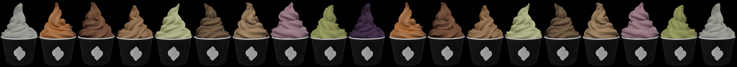 Colorful cups of soft serve sorbetto frozen dessert lined up in a row