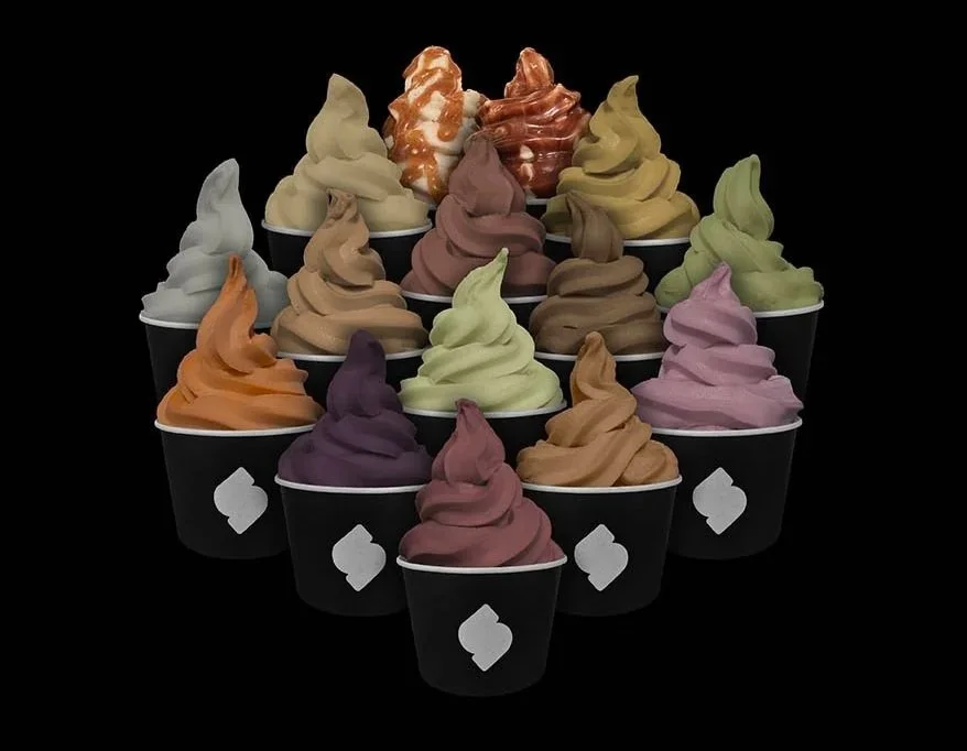 15 cups of various flavors of soft-serve sorbetto