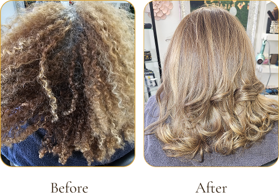 Side-by-side comparison of a person's curly hair before and after styling; the before shows thick, frizzy, tightly curled hair, and the after shows smooth, wavy, styled hair.