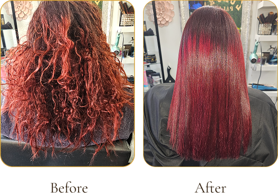 Side-by-side comparison of a woman's curly hair before and straightened; before is curly and frizzy, after is sleek and straight with a reddish tint.