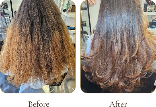 Comparison of a woman's hair before and after styling, showing frizzy hair on the left and smooth, styled hair on the right.