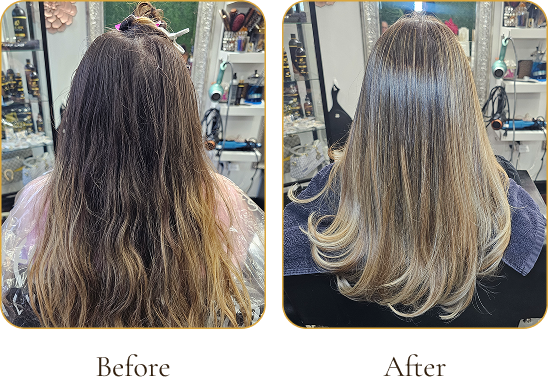 Before and after images of a woman's hair, showing a transformation from dark, wavy hair to lighter, straightened or styled hair in a salon setting.