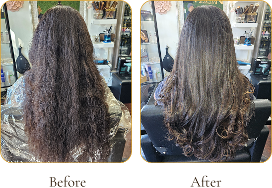Side-by-side comparison of a woman's hair before and after styling, showing long, curly hair in the before image and smooth, styled curls in the after image.