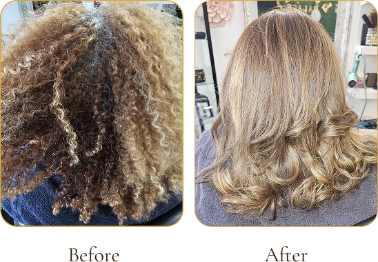 Comparison of two women's hairstyles, showing a curly, voluminous hair on the left and a straight, styled hair on the right.