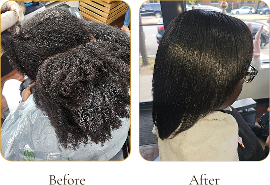 Comparison of hair before and after a professional hair treatment showing natural curly hair on the left and sleek, straightened hair on the right.