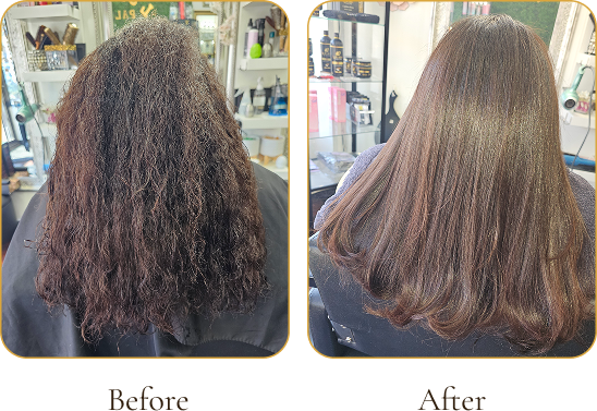 Comparison photo of a person's hair before and after a hair treatment, showing straightened and smooth hair on the right and curly, frizzy hair on the left.