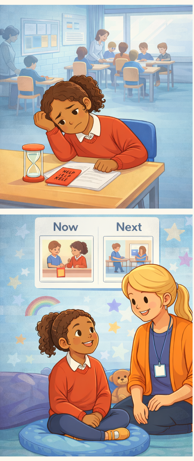 EHCP support illustration showing difference between unmet needs in a mainstream classroom and effective SEND provision with one-to-one support, visual aids and a nurturing environment.