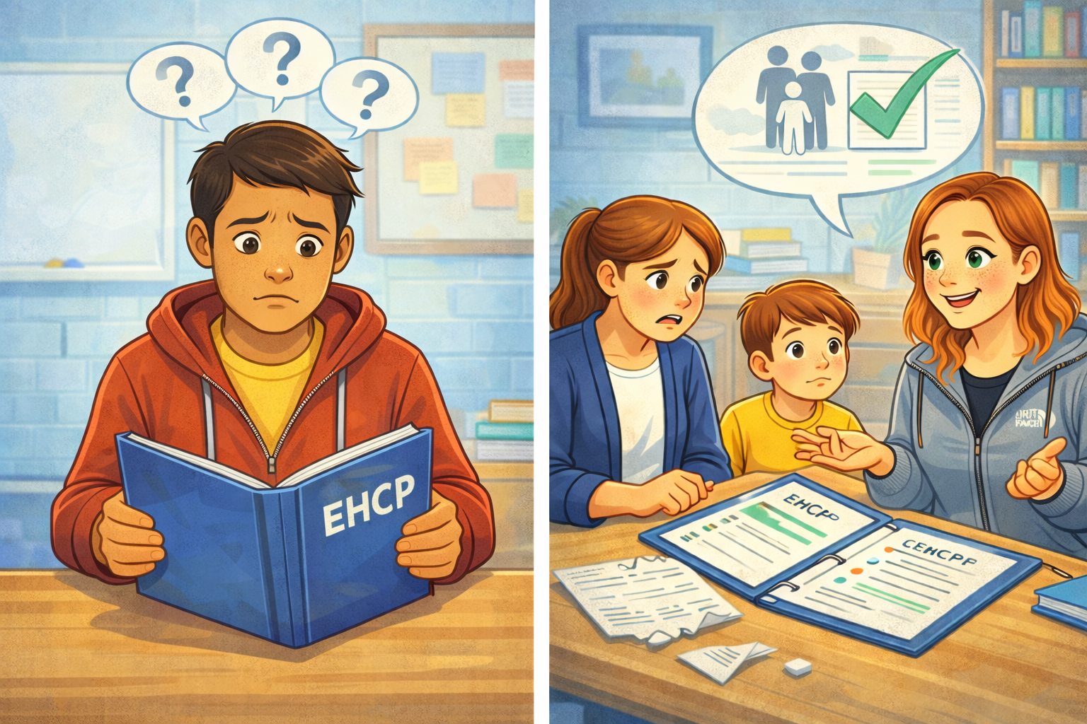 A boy confused by the EHCP document on the left; a woman and two children discussing and reviewing the EHCP documents on the right.