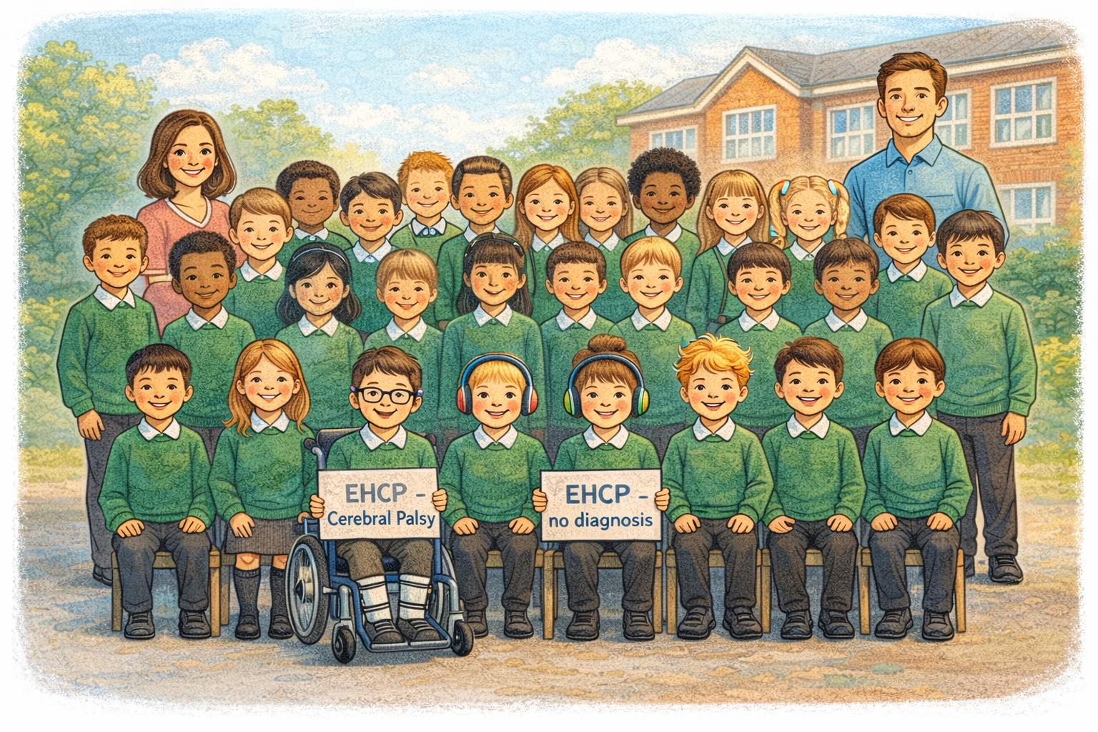 Group of children and teachers outdoors at school, some students holding signs that say 'EHCP - Cerebral Palsy' and 'EHCP - no diagnosis', with trees and a school building in the background.
