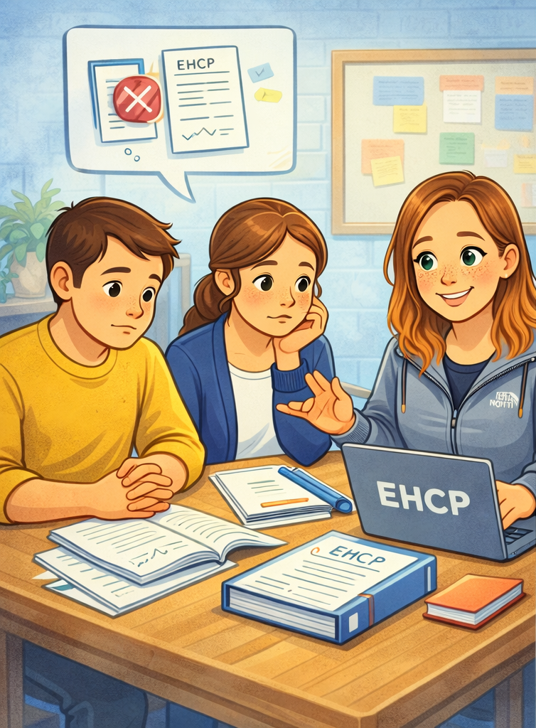 A woman in a gray hoodie discusses EHCP documents with two children, a boy in a yellow shirt and a girl in a blue jacket, seated at a table with open books, a notebook, and pens. The woman is gesturing with her hand and smiling, while the children listen with attentive expressions. A speech bubble shows a red cross over a document and the word 'EHCP'.