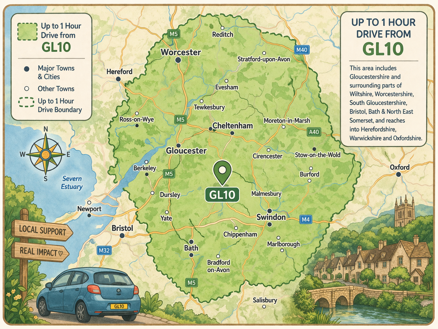 Map of Gloucestershire and surrounding areas in England, showing towns and drive boundary for up to one hour from GL10, with a car illustration at the bottom left and a scenic landscape with houses and a river at the bottom right.