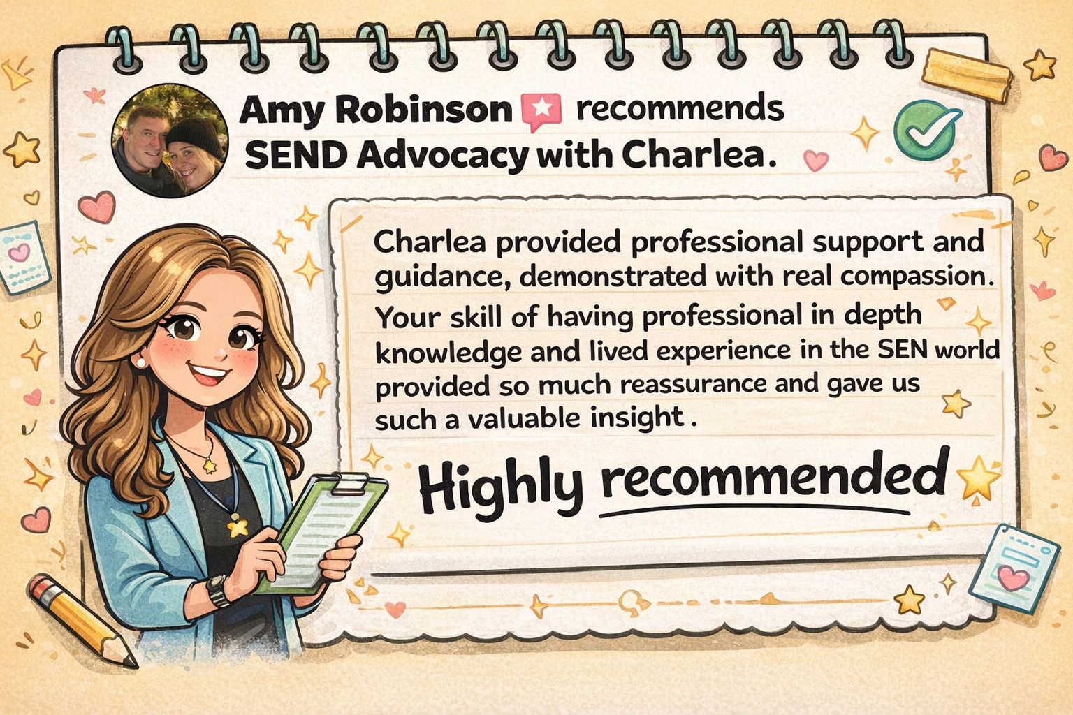 A colorful illustrated testimonial with a woman holding a tablet, surrounded by hearts, stars, and notes, recommending Charlea for professional support in the SEN world.