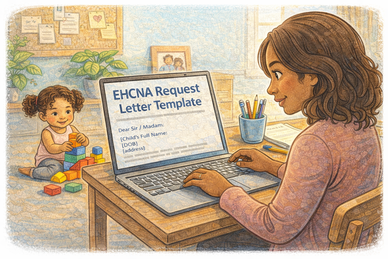 A woman using a laptop with a document titled 'EHCNA Request Letter Template' on the screen, while a small girl plays with colorful building blocks on the floor in a cozy room with plants and framed photos.