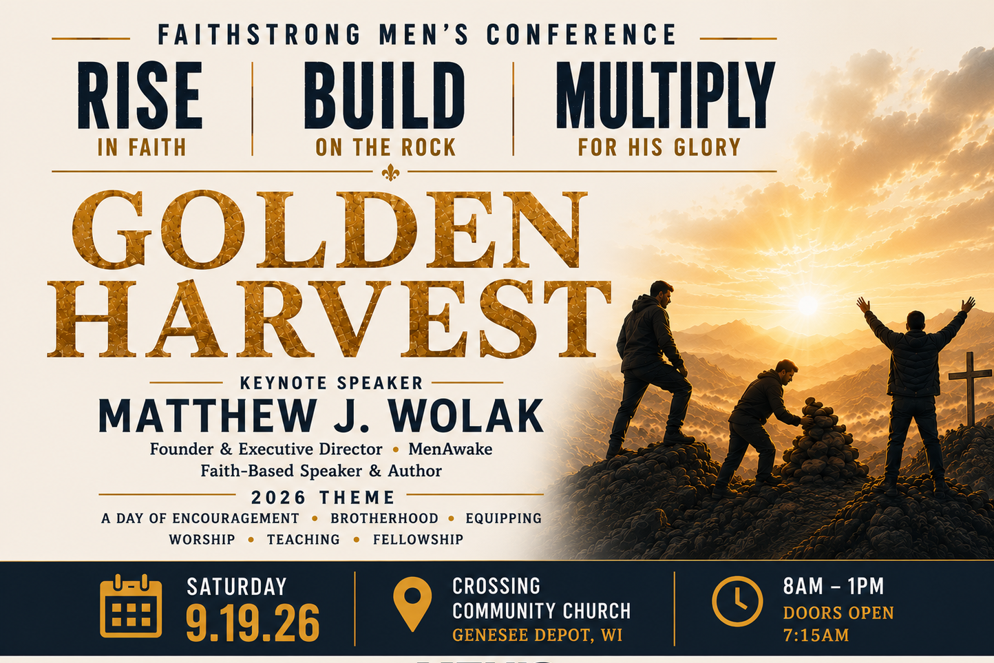 An announcement poster for FaithStrong Men’s Conference titled "Golden Harvest." The background features mountains and a sunrise, with three men standing with arms raised or stacking rocks. The event is scheduled for Saturday, September 19, 2026, at Crossing Community Church, Genesee Depot, WI, from 8 am to 1 pm, with doors opening at 7:15 am.