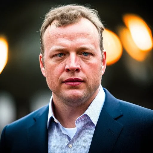 Headshot of a man with short blonde hair, wearing a dark blue suit and a light blue shirt, outdoors with blurred yellow lights in the background.