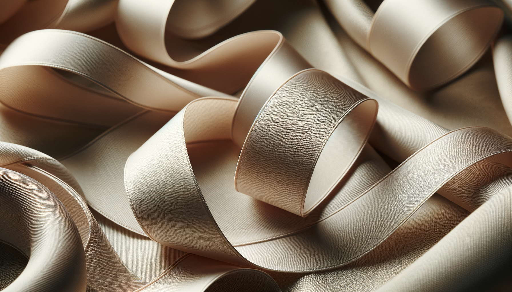 Close-up of various cream and beige satin ribbons arranged in loose curls.