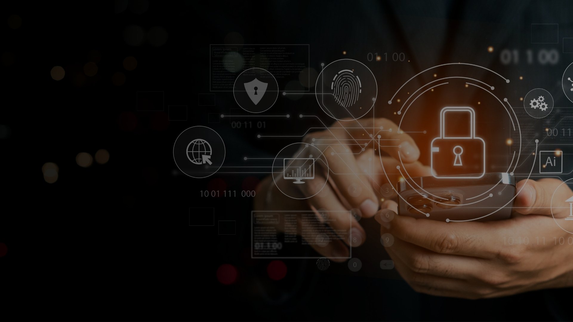Close-up of person holding a smartphone with digital security icons and graphics, including a lock, fingerprint, shield, and globe, overlaid on the image.