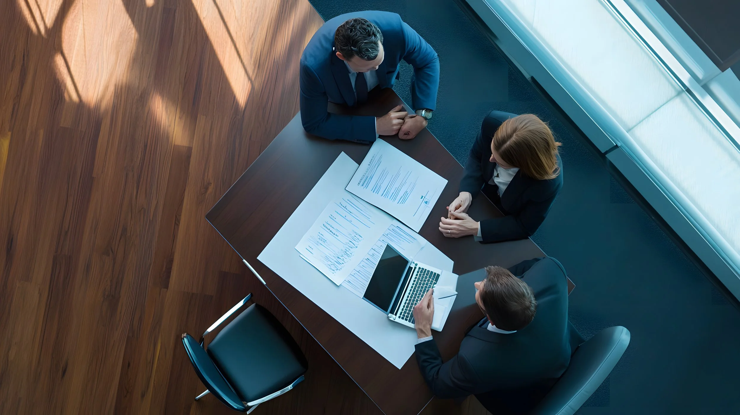 Top-down view of three people in business attire sitting at a conference table during a meeting, with documents, laptops, and a tablet in front of them.