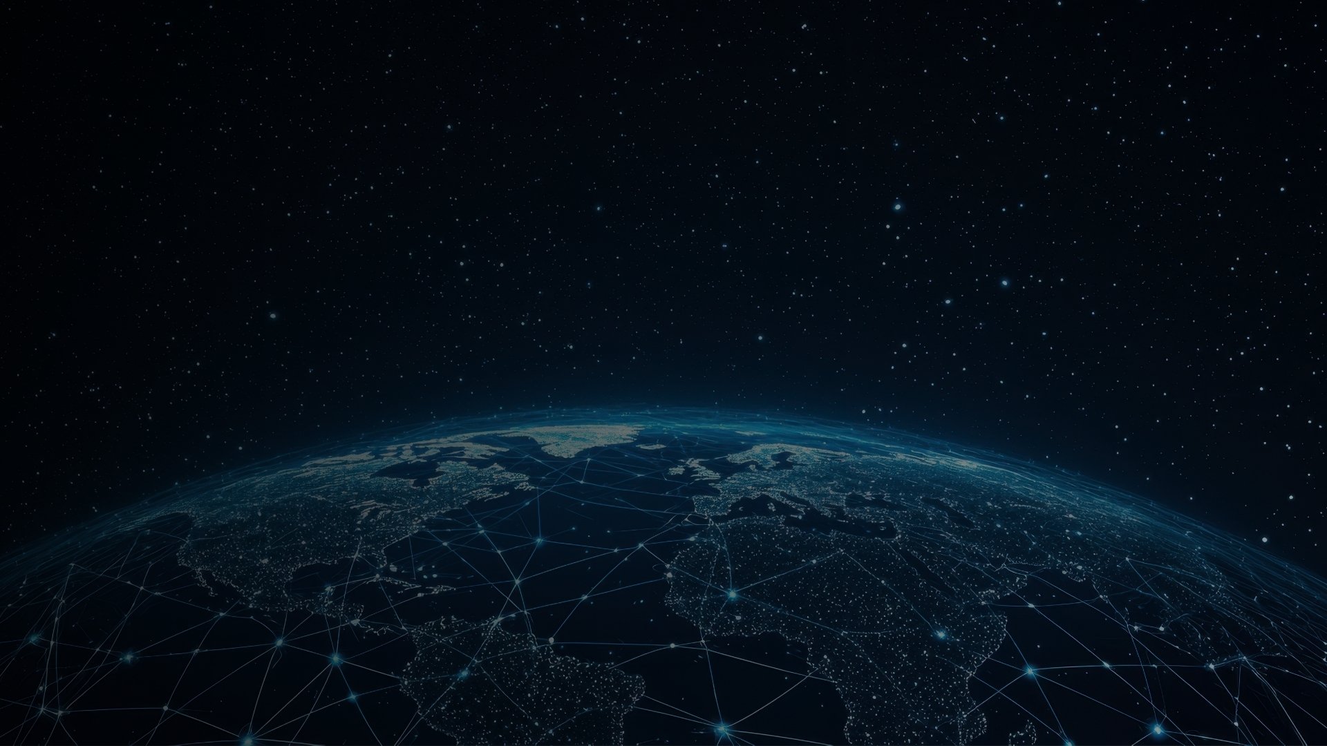 A digital rendering of Earth from space with a network of glowing lines and nodes across the surface, extending into the starry universe above.