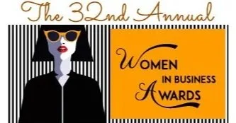 Graphic promoting the 32nd Annual Women in Business Awards with stylized woman in sunglasses and black coat, and an orange and black logo.