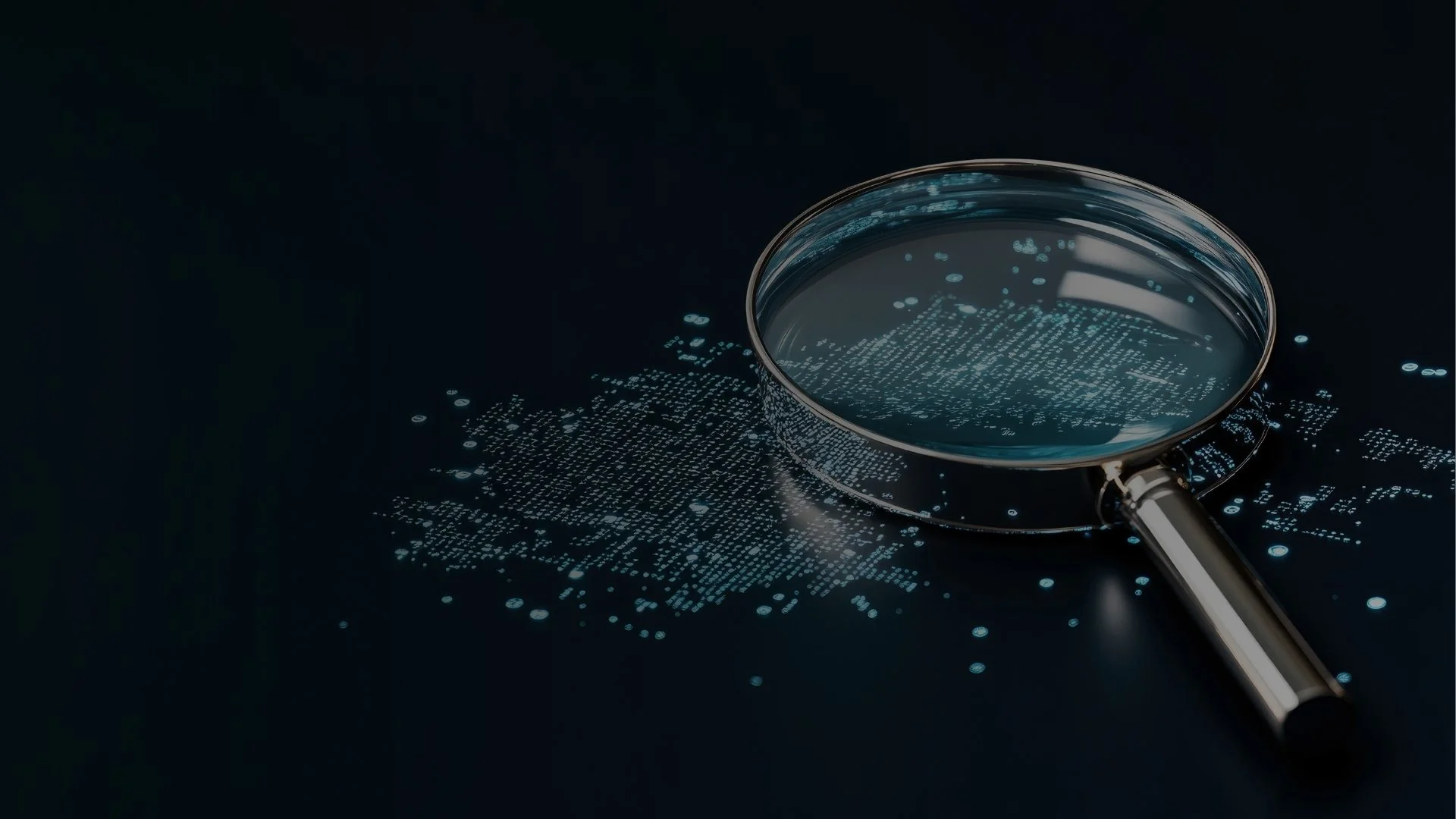 Close-up of a glass magnifying lens placed on a surface with glowing digital code and data streams.