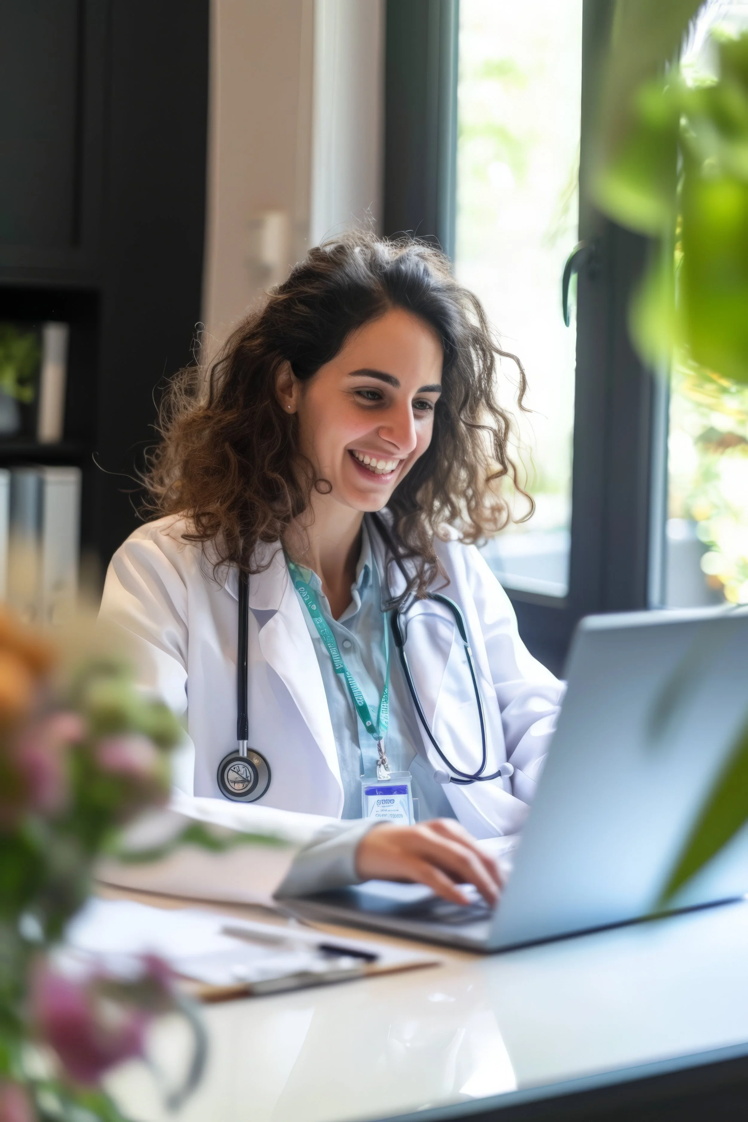A female doctor with curly hair and a stethoscope around her neck, working on a laptop in a medical office with a window in the background.