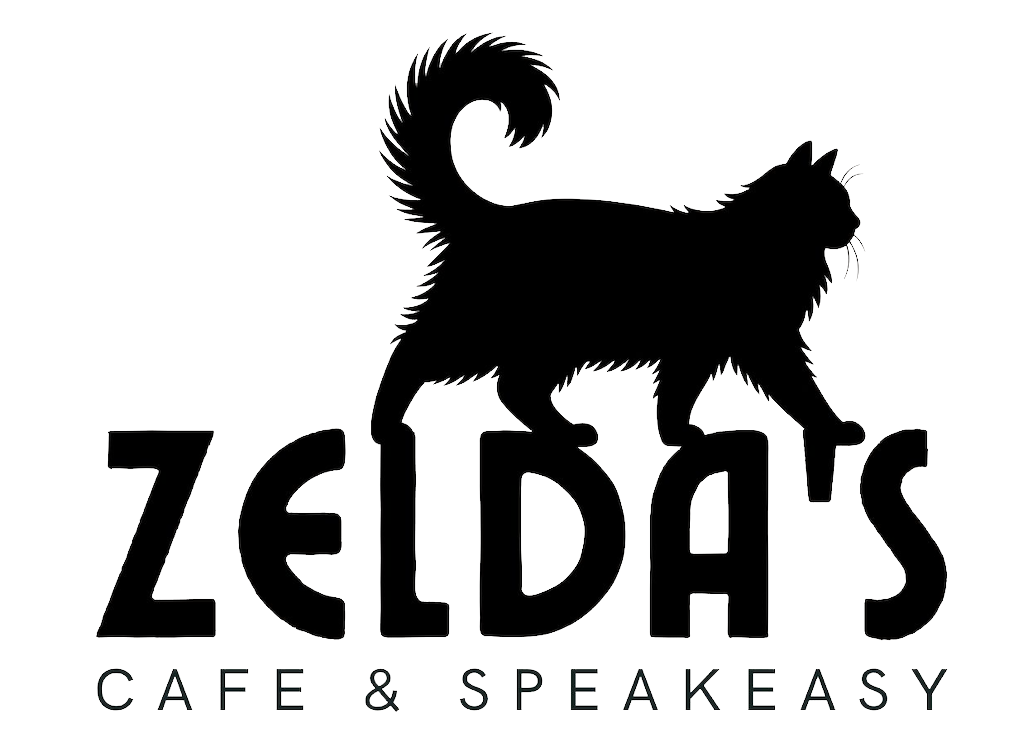 Logo for Zelda's Café & Speakeasy featuring a silhouette of a cat walking over the text.
