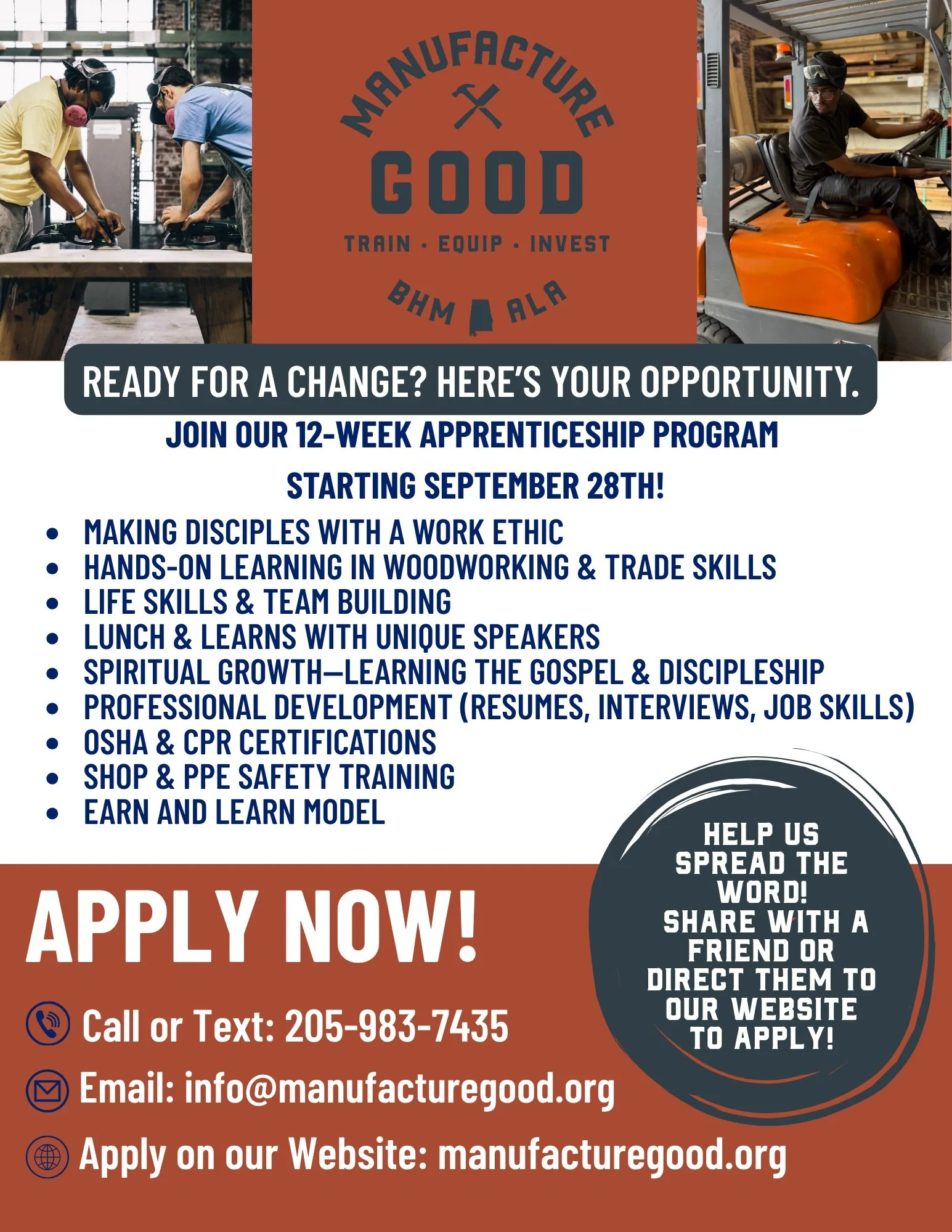 Our next apprentice class begins September 28th, 2026 and we are actively interviewing! Please help us spread the word about our apprenticeship program serving the Birmingham area. It's an incredible program - hourly pay, daily curriculum, mentorship