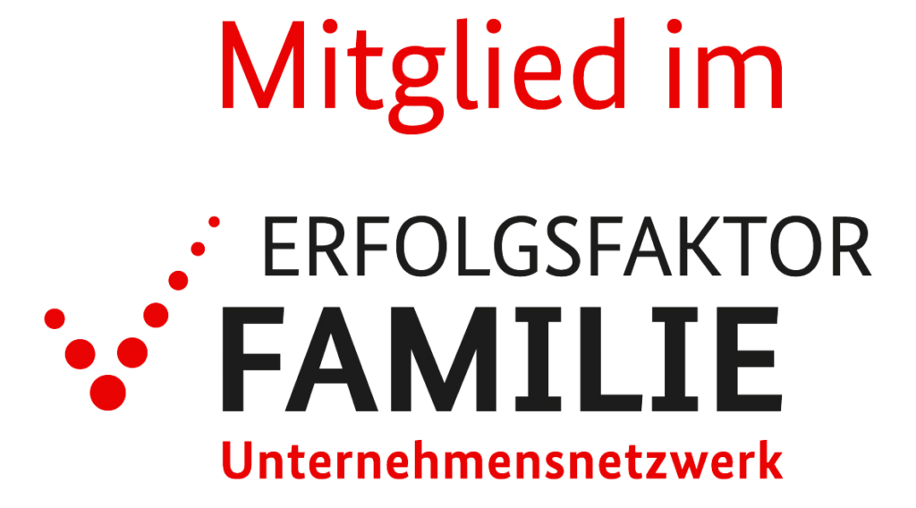 Text in deutschen Farben: "Mitglied im Erfolgsfaktor Familie" und "Vernetzt" mit roter und grauer Schrift auf schwarzem Hintergrund, zusätzlich eine rote, ansteigende Kurve aus Punkten auf der linken Seite.