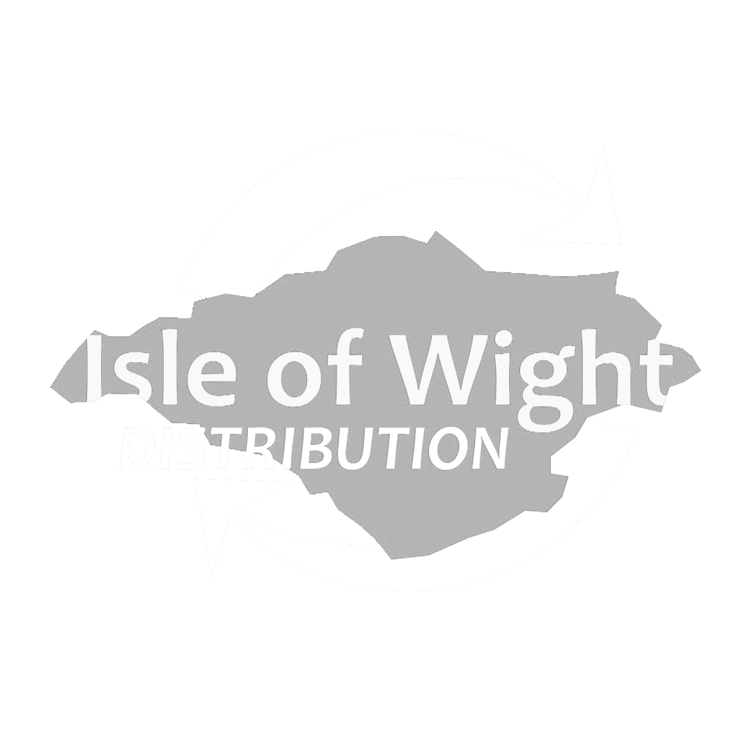Graphic with broken text reading 'Isle of Wight DISTRIBUTION' and arrows circling around.
