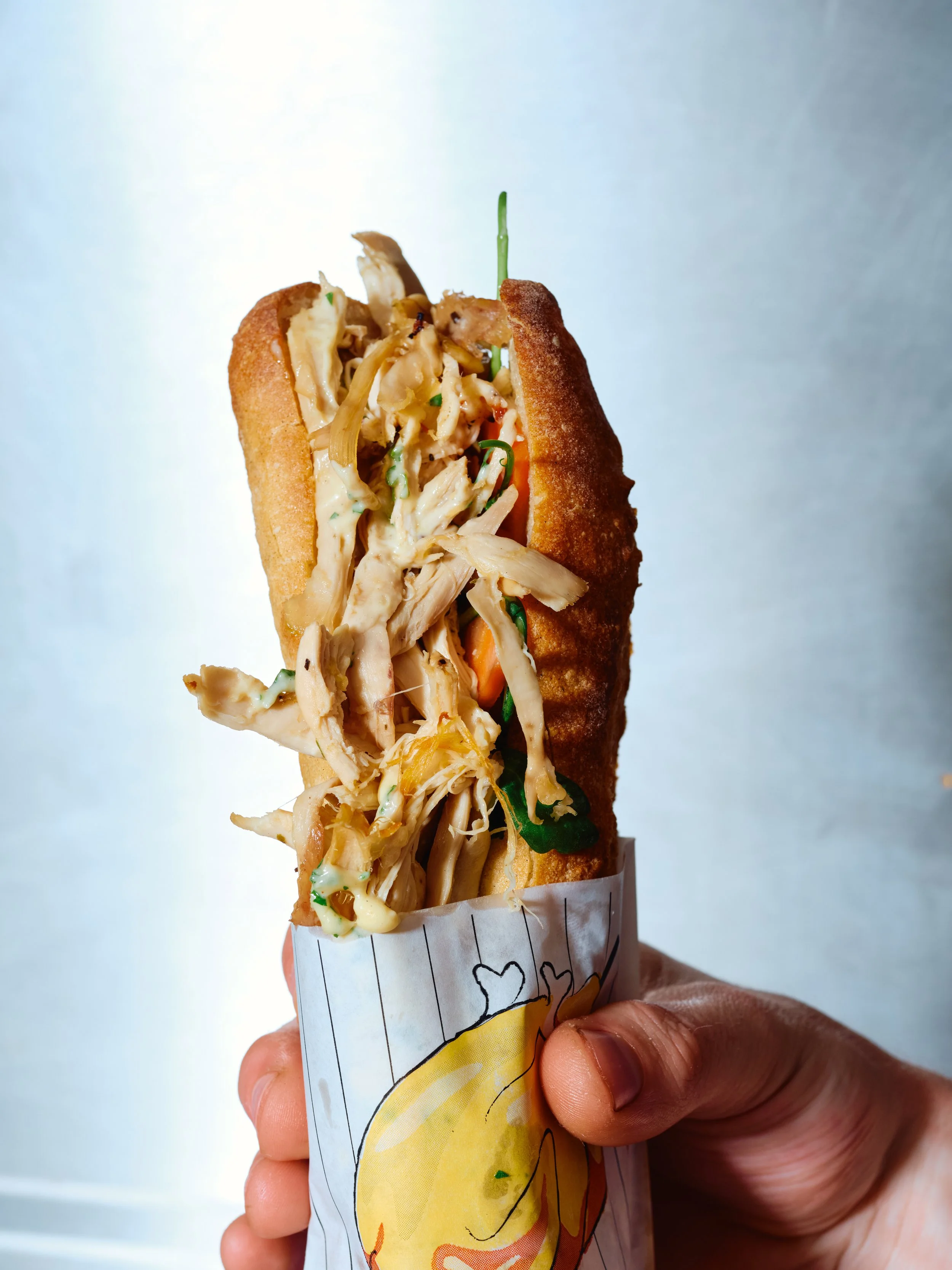 Un sandwich baguette rempli de poulet effiloché, de légumes verts, et de sauce, tenu dans une main avec un fond blanc.