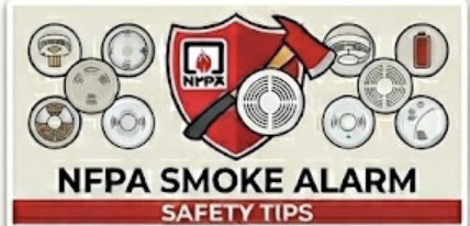 NFPA Smoke Alarm Safety Tips poster featuring the NFPA logo, a shield with a flame and axe, and various smoke alarm icons.